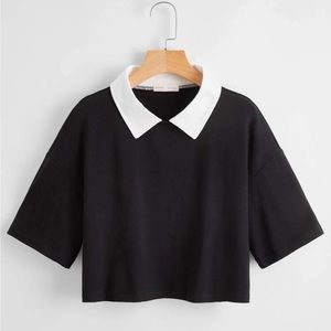 Black and White Contrast Collared Drop Shoulder Crop Top